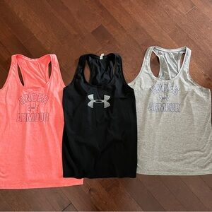 3 Under Armour Performance Tanks - Coral, Black, Heather Gray